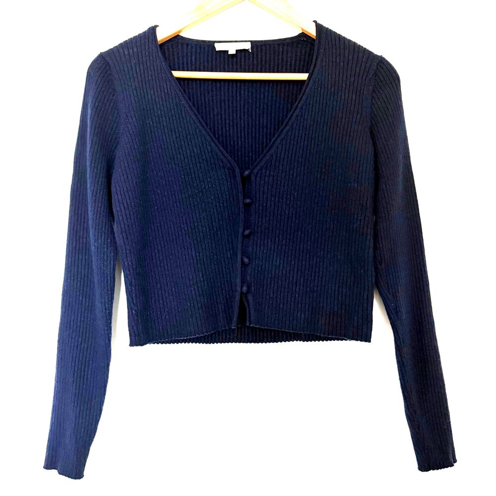 Rebecca Taylor Wool Cropped Cardigan Navy Size L Ribbed V-neck